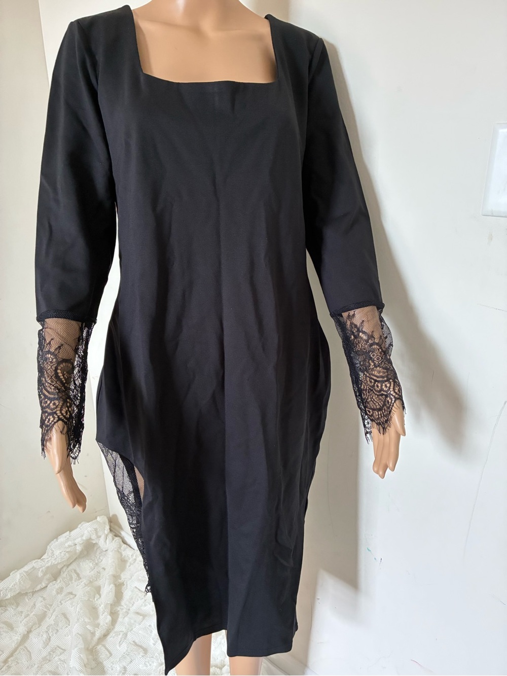 Black Square-Neck Long Sleeve Dress with Lace Cuffs and Side Panels